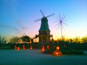 夕方の霞ヶ浦総合公園の風車-地面に明かり